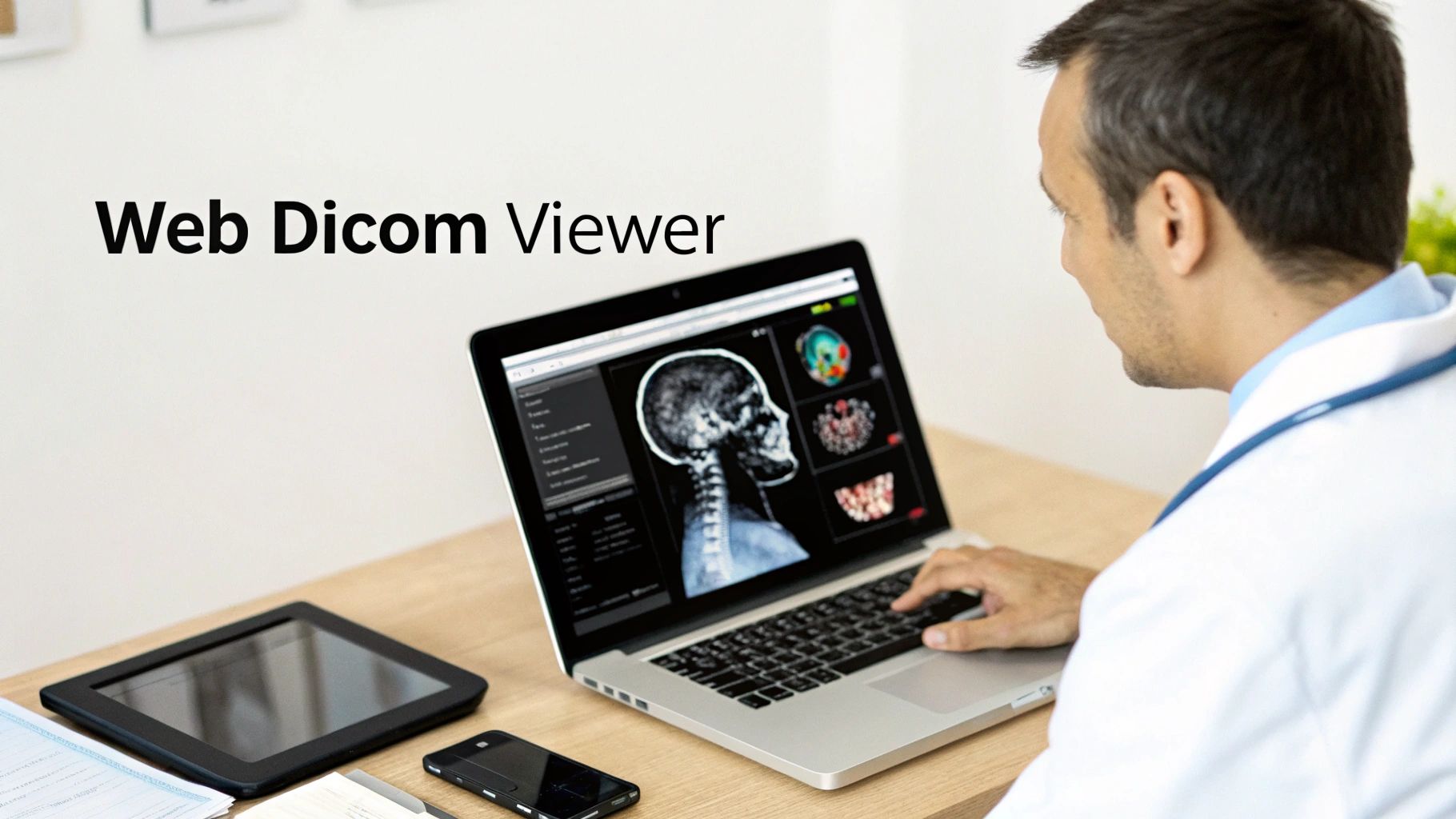 A doctor uses a laptop to view medical DICOM images on a web-based viewer, with a tablet and phone nearby.