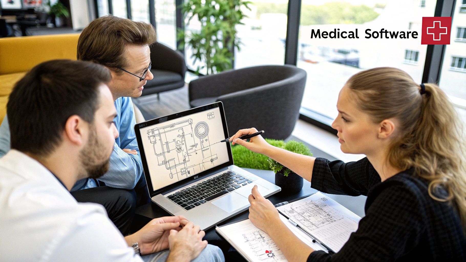 A healthcare professional using a tablet to analyze medical data, representing modern medical device software.