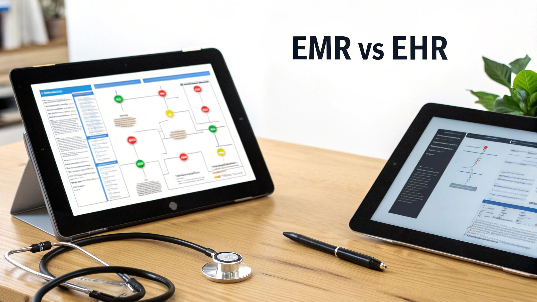 Two tablets on a wooden desk displaying EMR vs EHR comparison, with a stethoscope and pen.