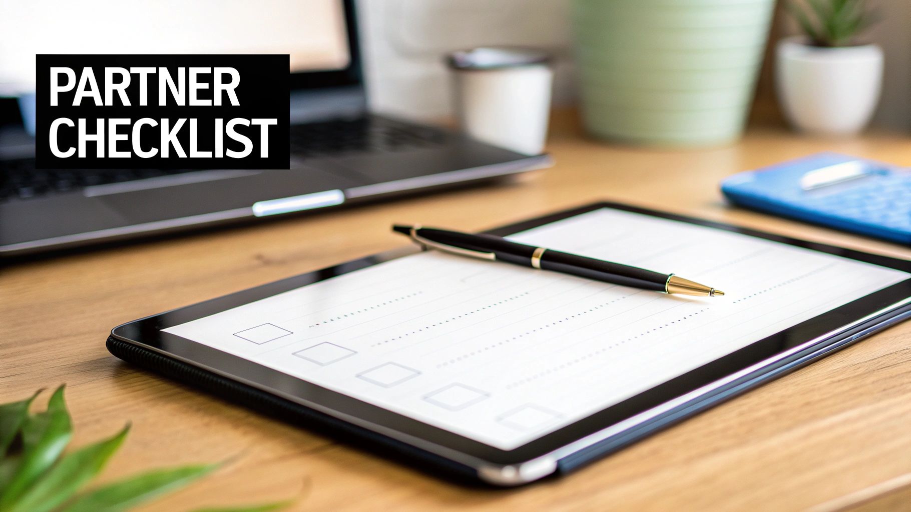 A black box with 'PARTNER CHECKLIST' text, a tablet showing a checklist, and a pen on a desk.