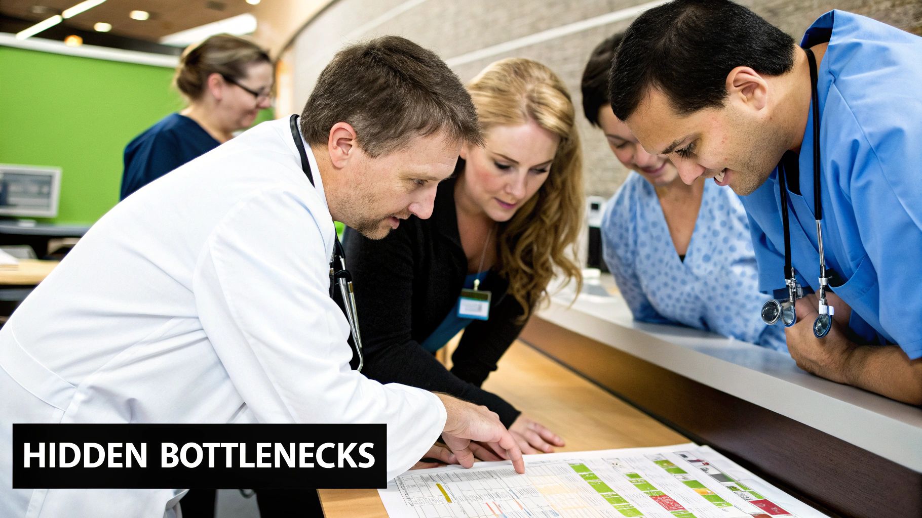 A team of medical professionals analyzing workflow charts on a large screen, pointing out bottlenecks.