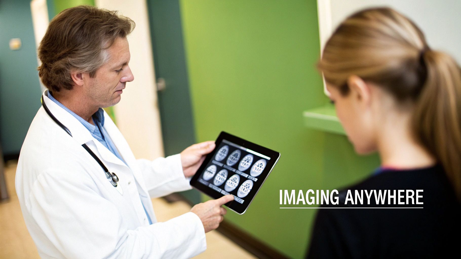 A doctor shows brain scan images on a tablet to a patient, illustrating medical imaging portability.