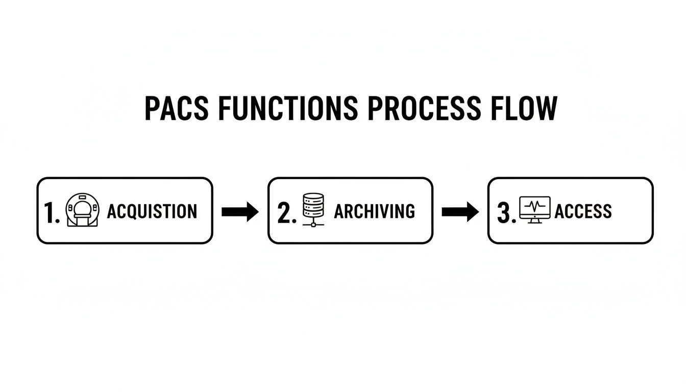 A PACS functions process flow diagram showing three steps: acquisition, archiving, and access.