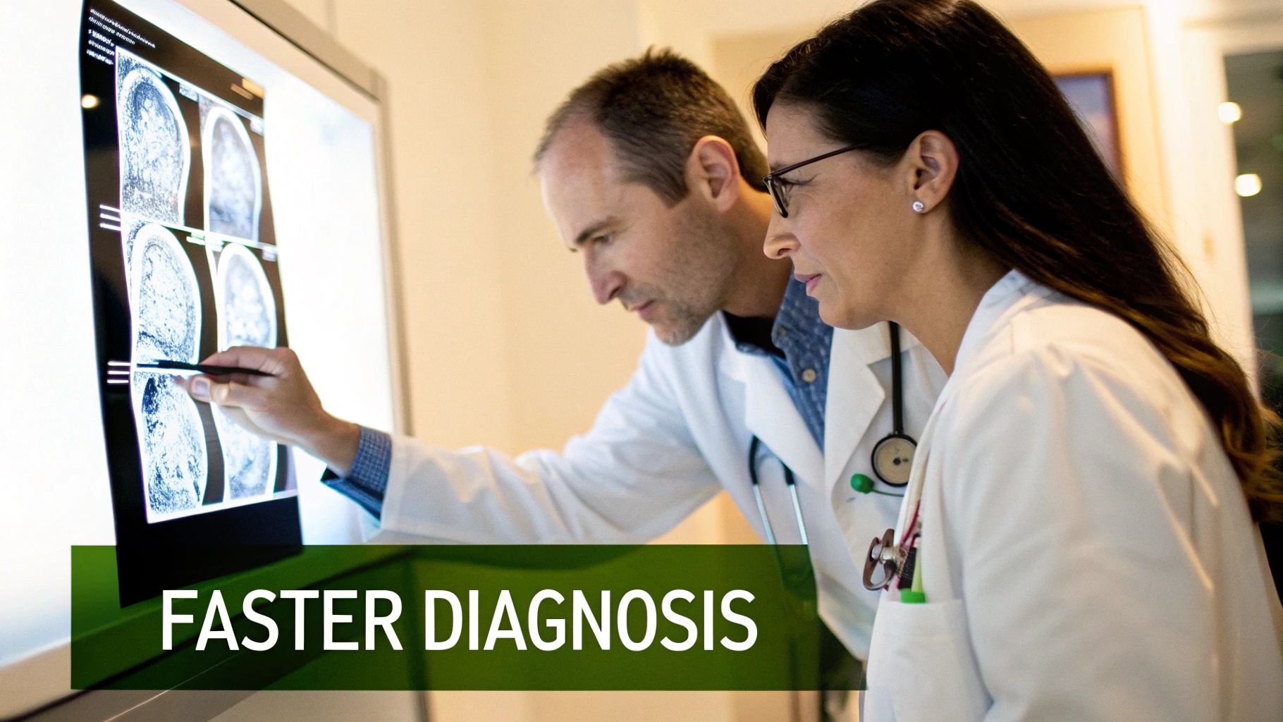 Two doctors, a man and a woman, review digital medical images on a screen for a faster diagnosis.