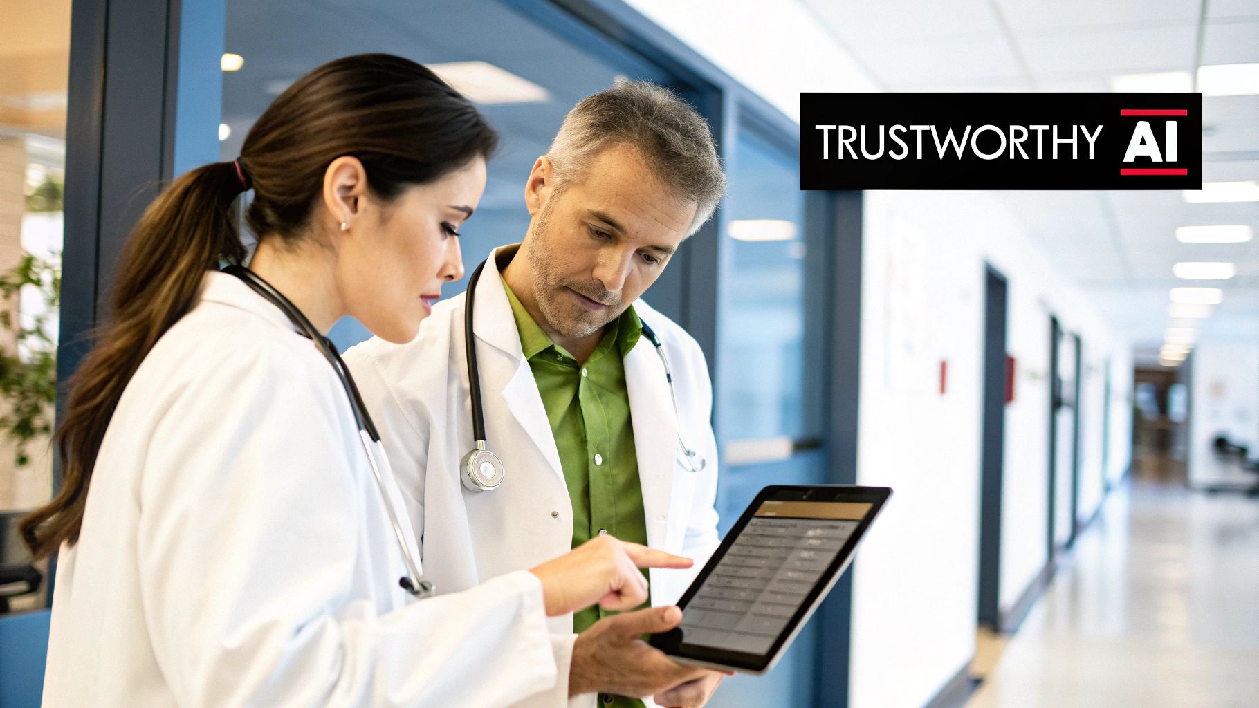 A doctor reviewing data on a tablet with AI-generated insights, illustrating the intersection of technology and medicine.