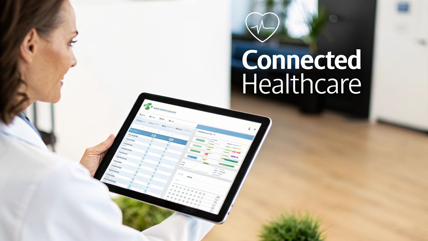 A healthcare professional smiling, reviewing patient data on a tablet for connected healthcare solutions.