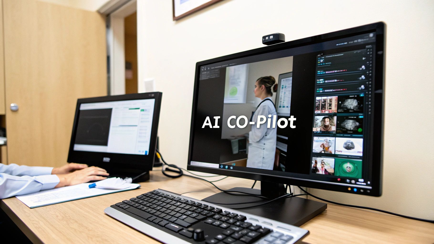 Hands typing at a desk with two monitors, one displaying 'AI CO-Pilot' and medical images.