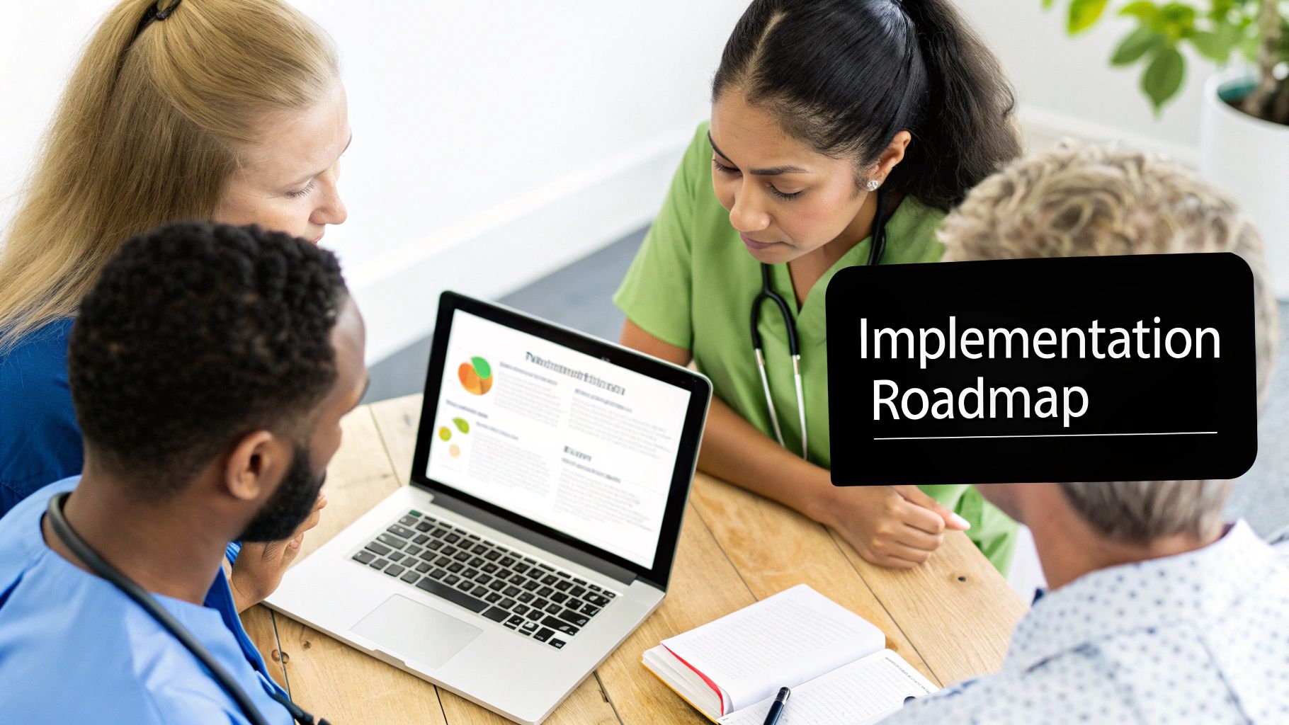 Four diverse healthcare professionals discuss an implementation roadmap on a laptop at a wooden table.