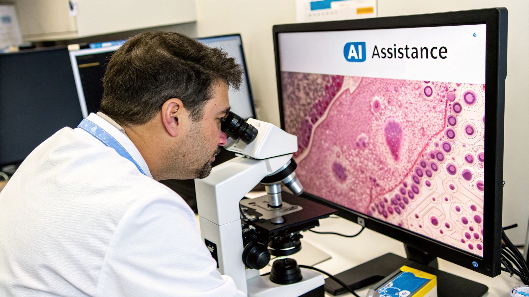 AI algorithms analyzing cellular patterns on a screen