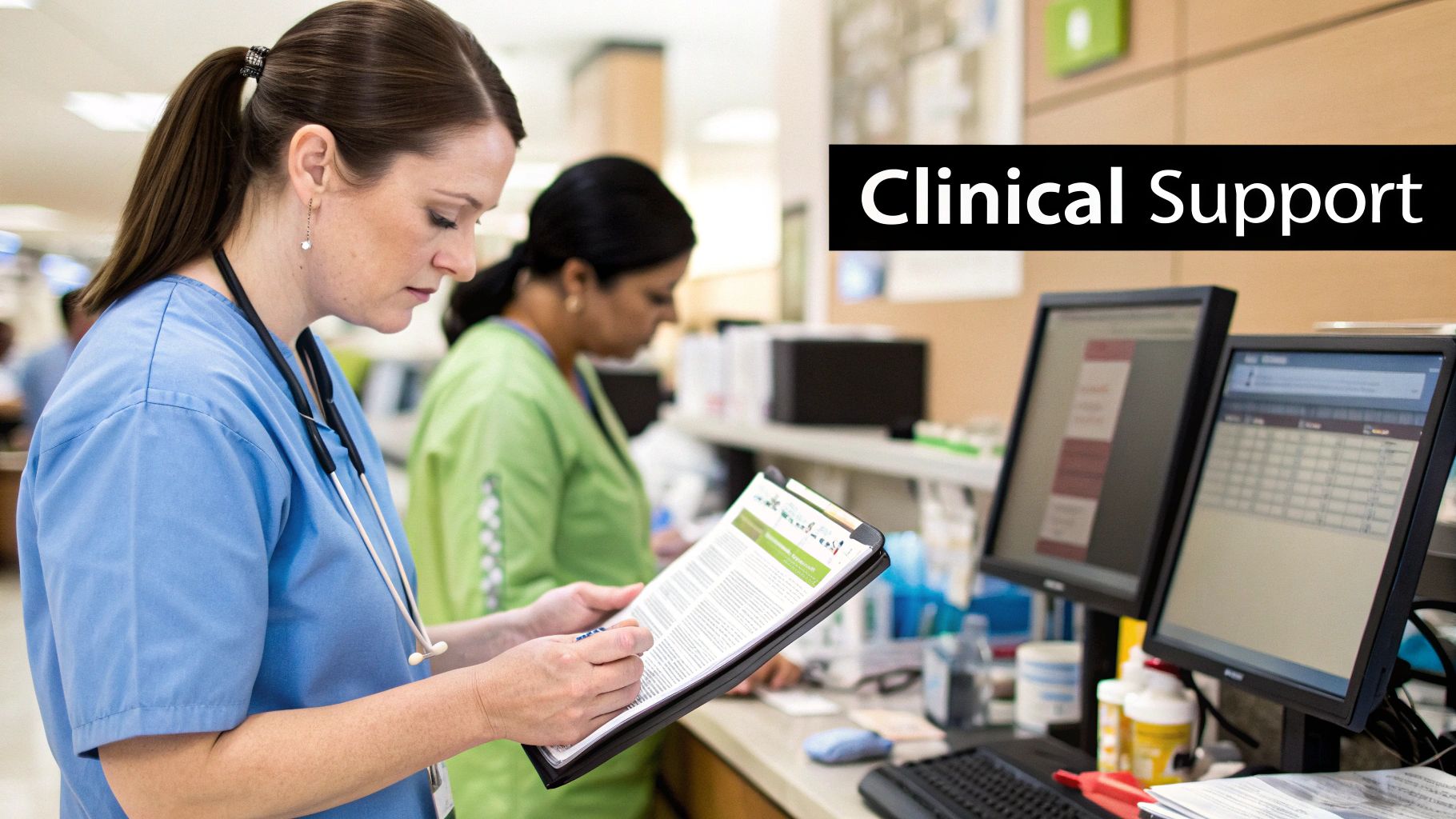 A doctor reviewing patient data on a tablet with analytical overlays, representing a clinical decision support system