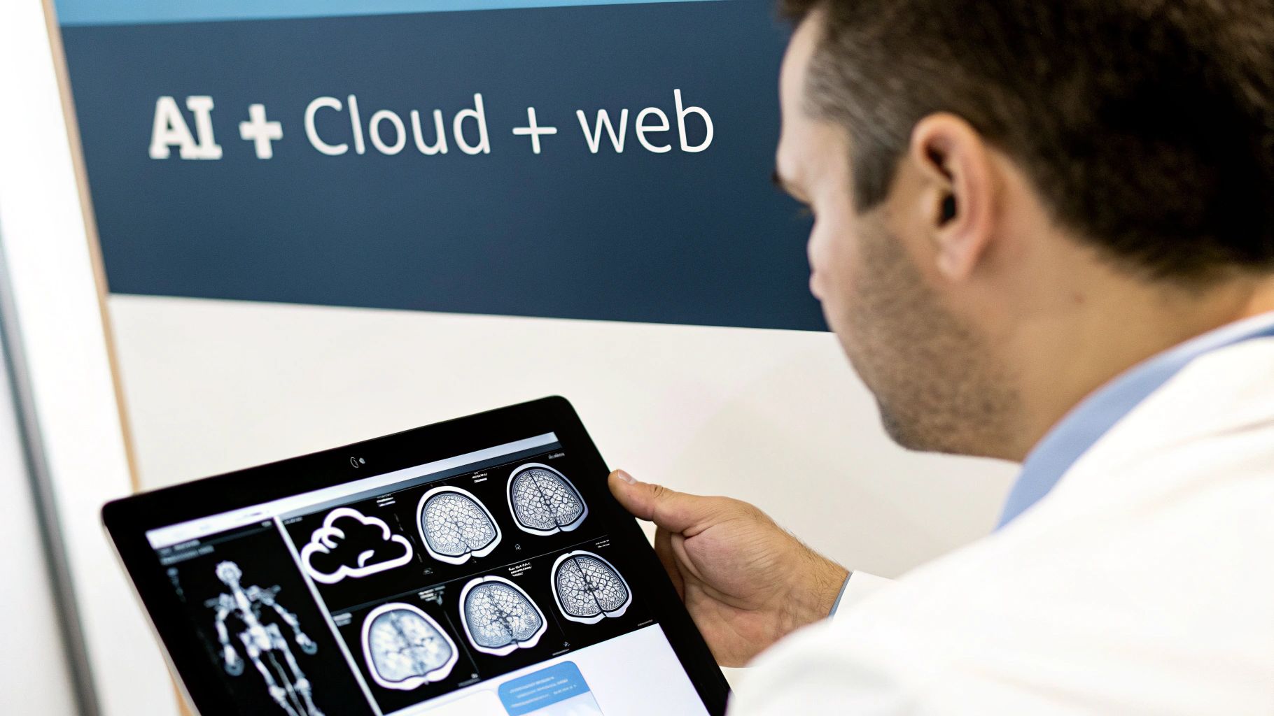 A doctor uses a tablet to view AI-powered medical scans, with a 'AI + Cloud + web' sign in the background.