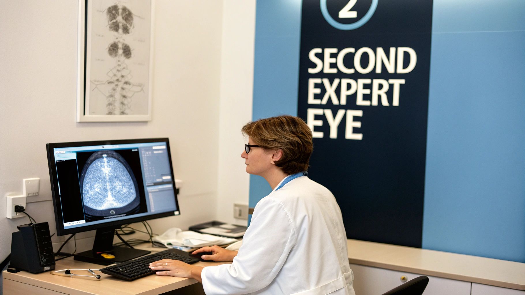 A radiologist analyzing a mammogram on a computer screen, representing the use of CAD technology.