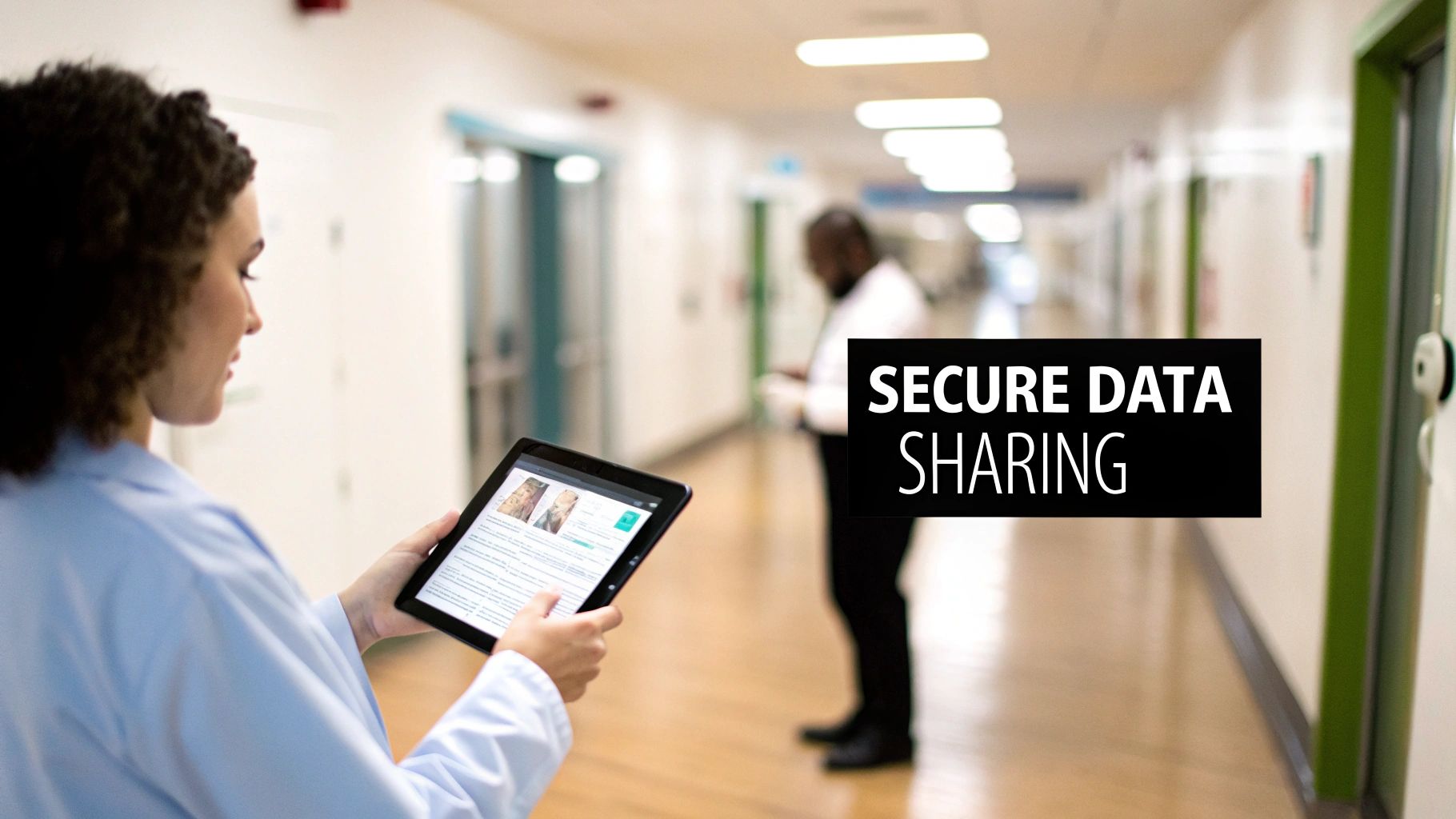 Healthcare worker views patient data securely on a tablet in a hospital corridor.