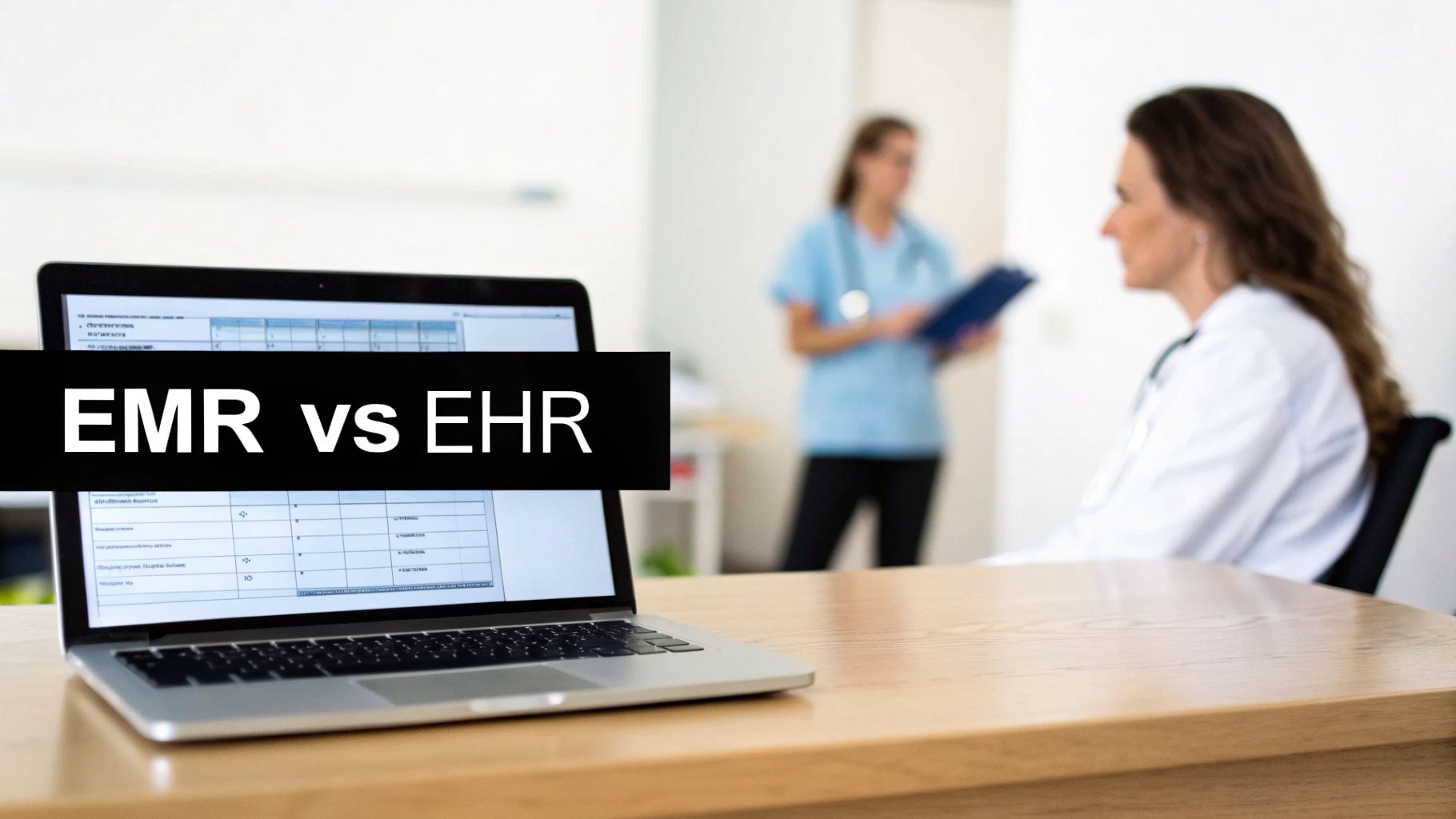 A laptop screen displays 'EMR vs EHR' over a data table, with blurred healthcare professionals in the background.