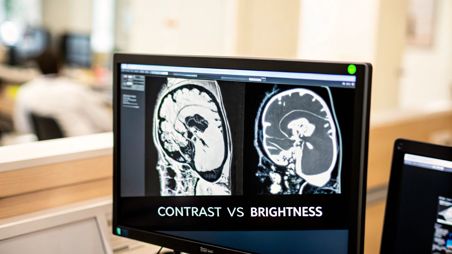 A medical imaging professional analyzes a detailed CT scan on a high-resolution monitor, illustrating the practical application of window width vs window level.