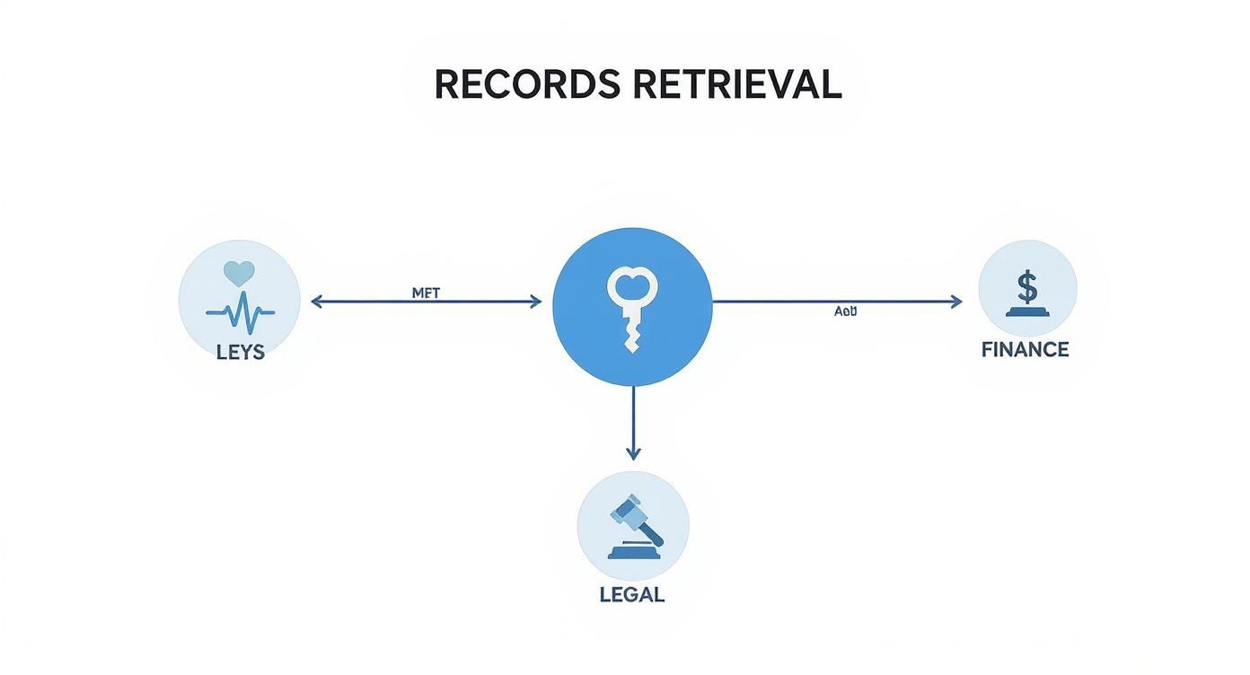 Records retrieval system diagram showing key connecting LEYS, Finance, and Legal departments with labeled arrows