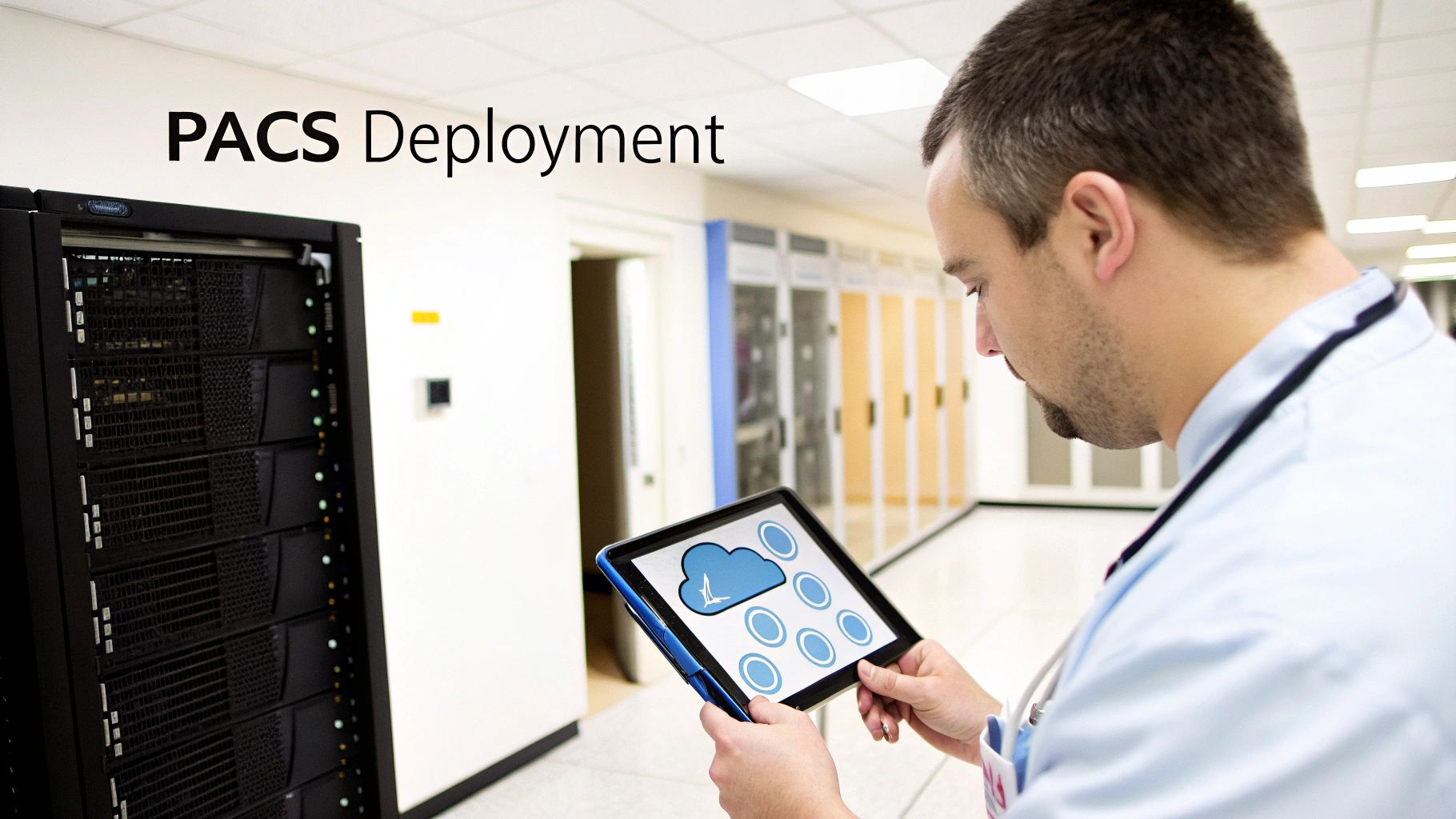 A professional manages PACS deployment, viewing cloud solutions on a tablet near a server rack.