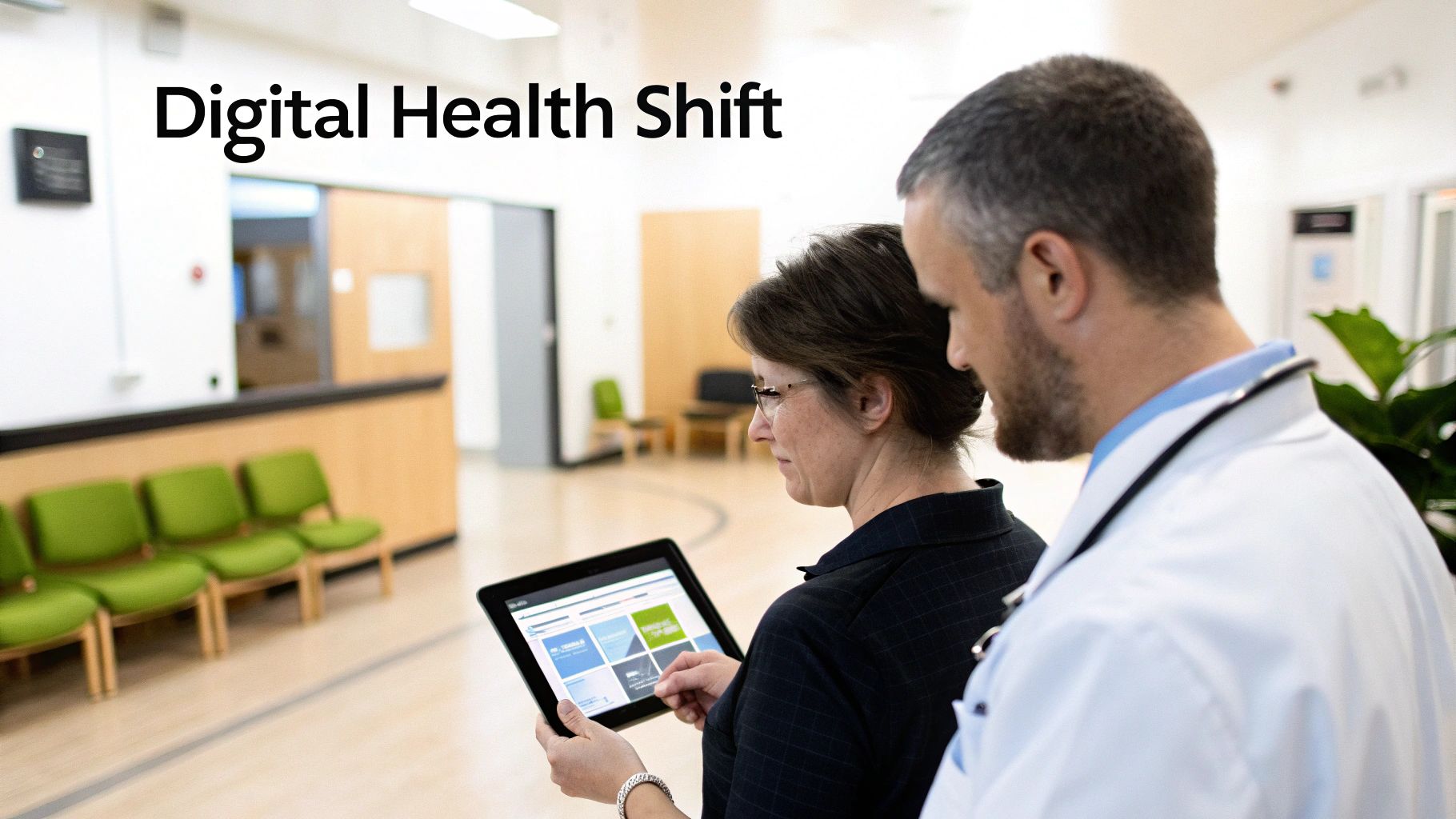 A group of healthcare professionals collaborating around a computer screen in a modern hospital setting