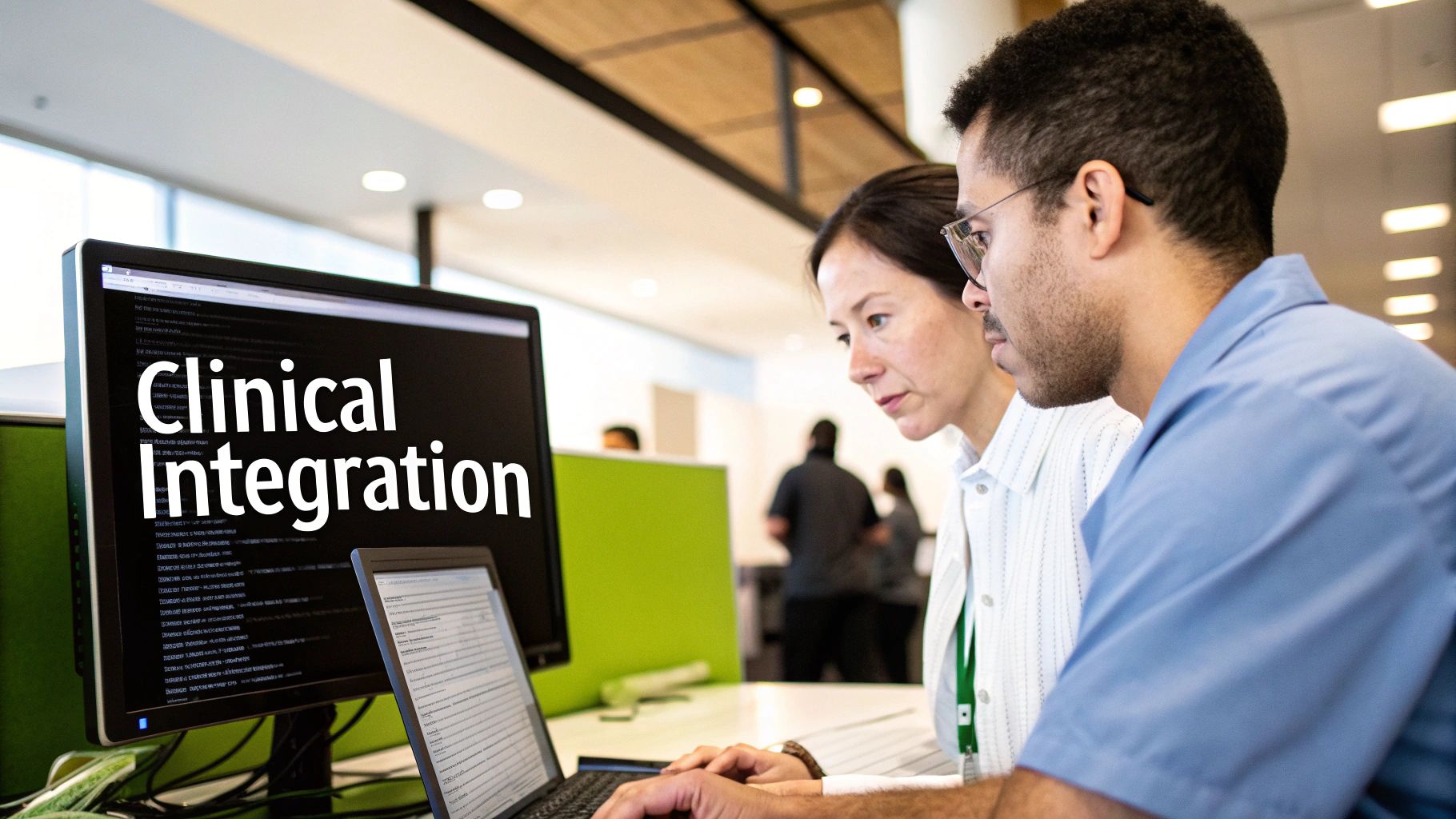A medical professional using a futuristic, transparent screen to analyze a detailed 3D medical scan.