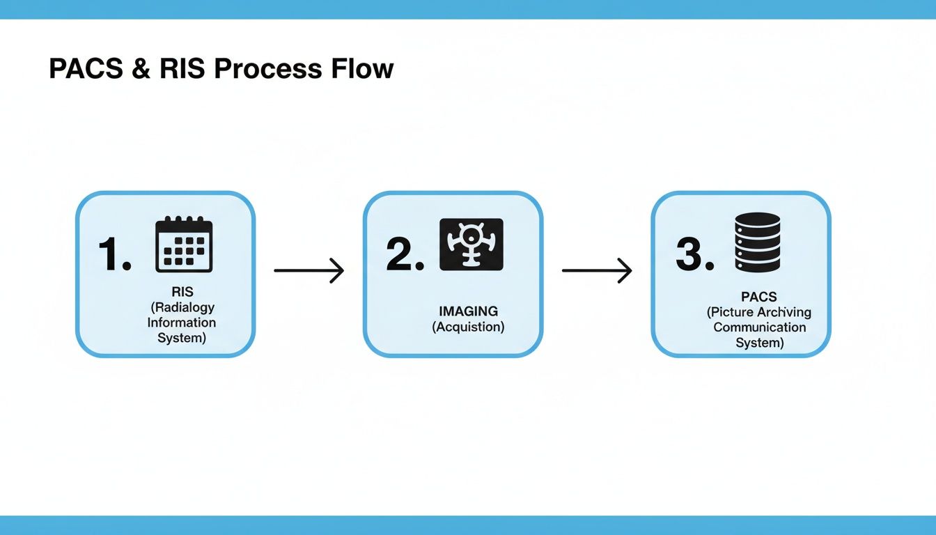 Diagram illustrating the PACS and RIS process flow from Radiology Information System to Imaging and PACS.