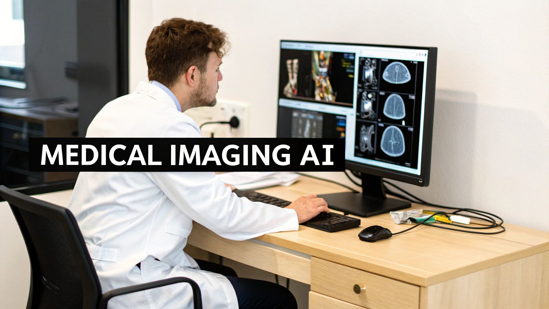 A doctor in a lab coat reviews medical imaging scans on a computer monitor with "MEDICAL IMAGING AI" overlay.