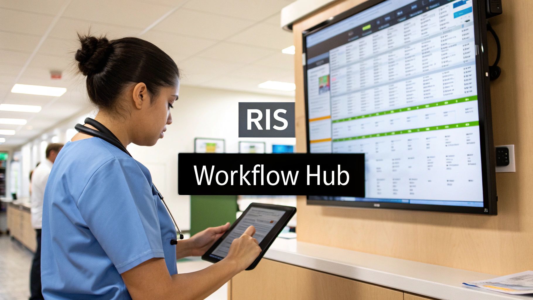 Healthcare professional interacting with a tablet in front of a large monitor showing RIS Workflow Hub.