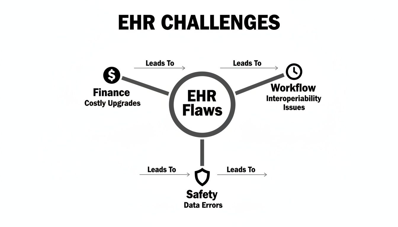 Diagram illustrating EHR flaws leading to challenges in finance, workflow, and patient safety.