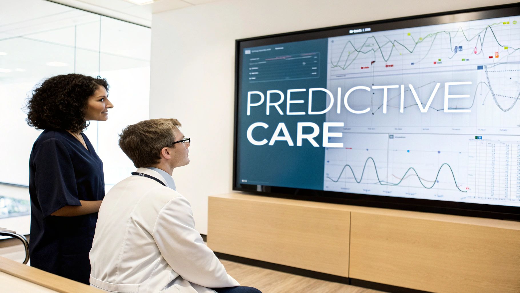 Two medical professionals review 'Predictive Care' data on a large screen with charts.