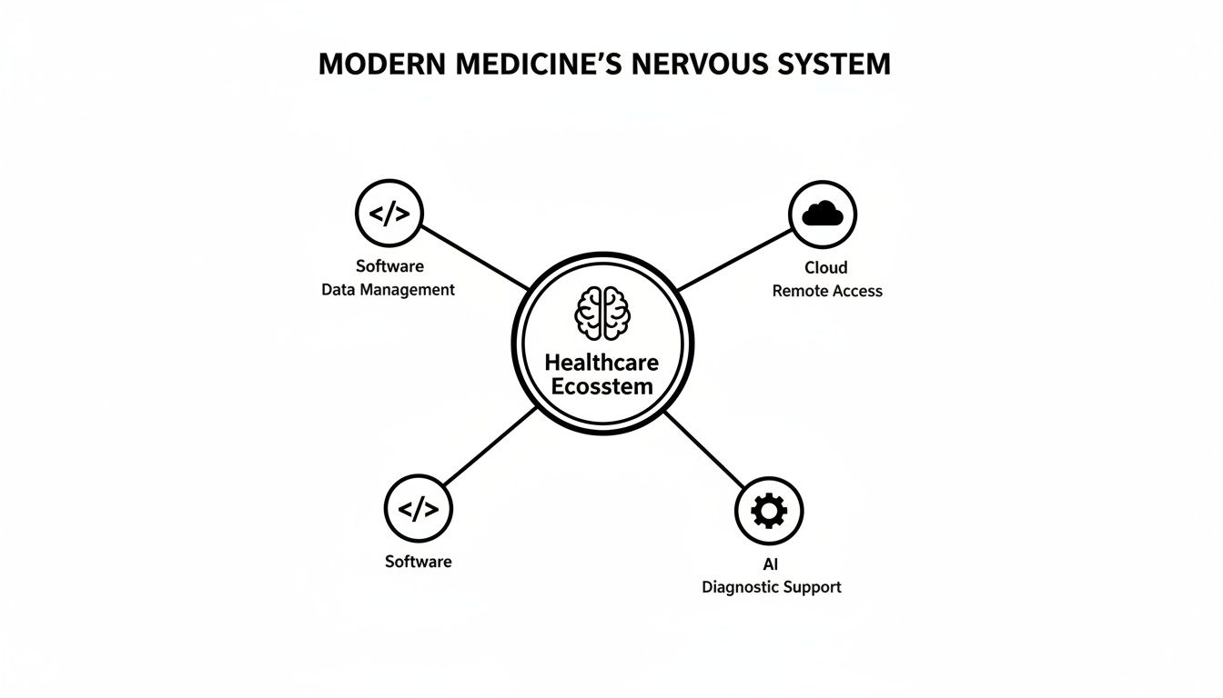 A diagram of modern medicine's nervous system, linking a central healthcare ecosystem to software, cloud, and AI.