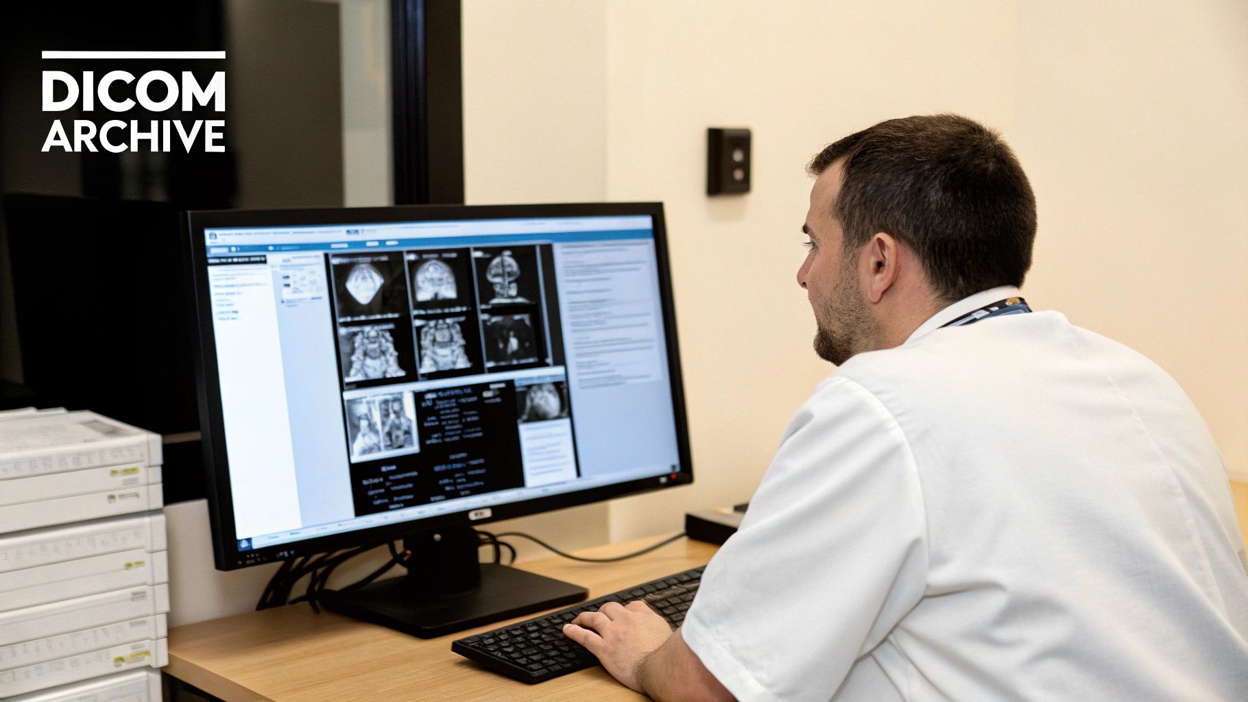 A medical professional in a lab coat reviews DICOM medical imaging on a computer screen.