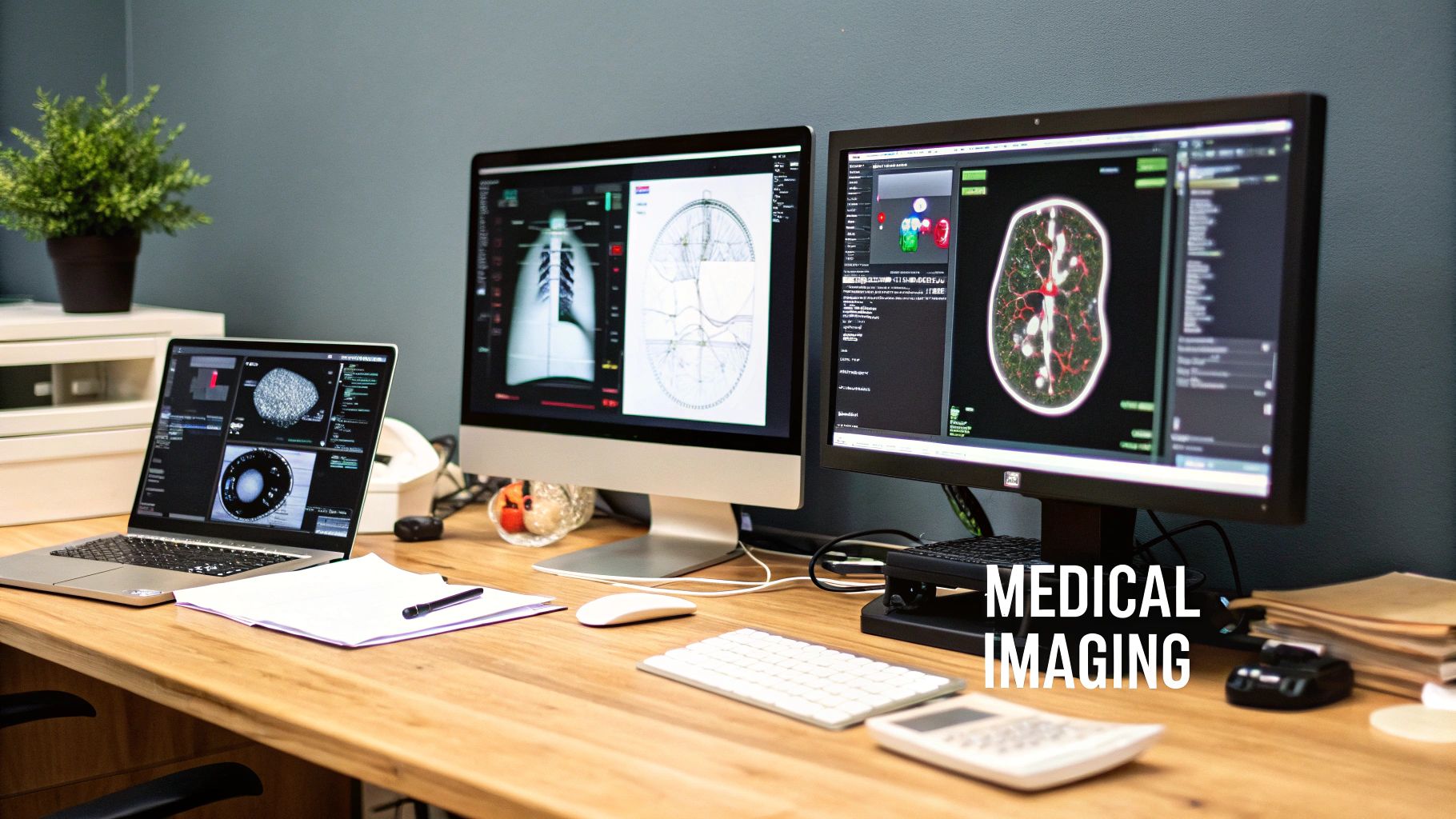 A medical professional analyzing imaging scans on a computer screen