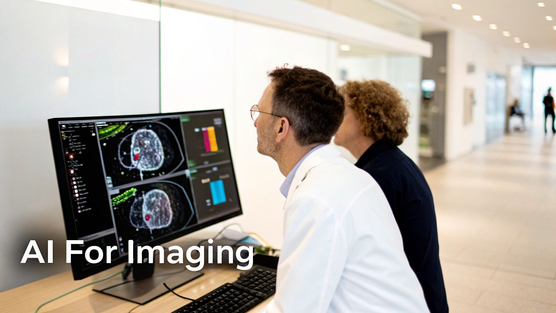 An abstract visualization of neural networks overlaying a medical scan, symbolizing AI analyzing DICOM data.