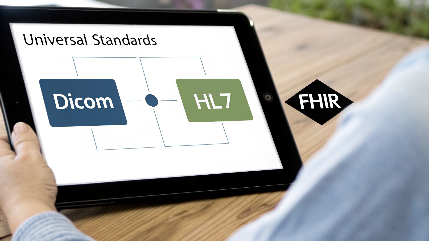 A person holds a tablet displaying DICOM and HL7 healthcare standards, symbolizing universal healthcare data integration, with FHIR visible nearby.