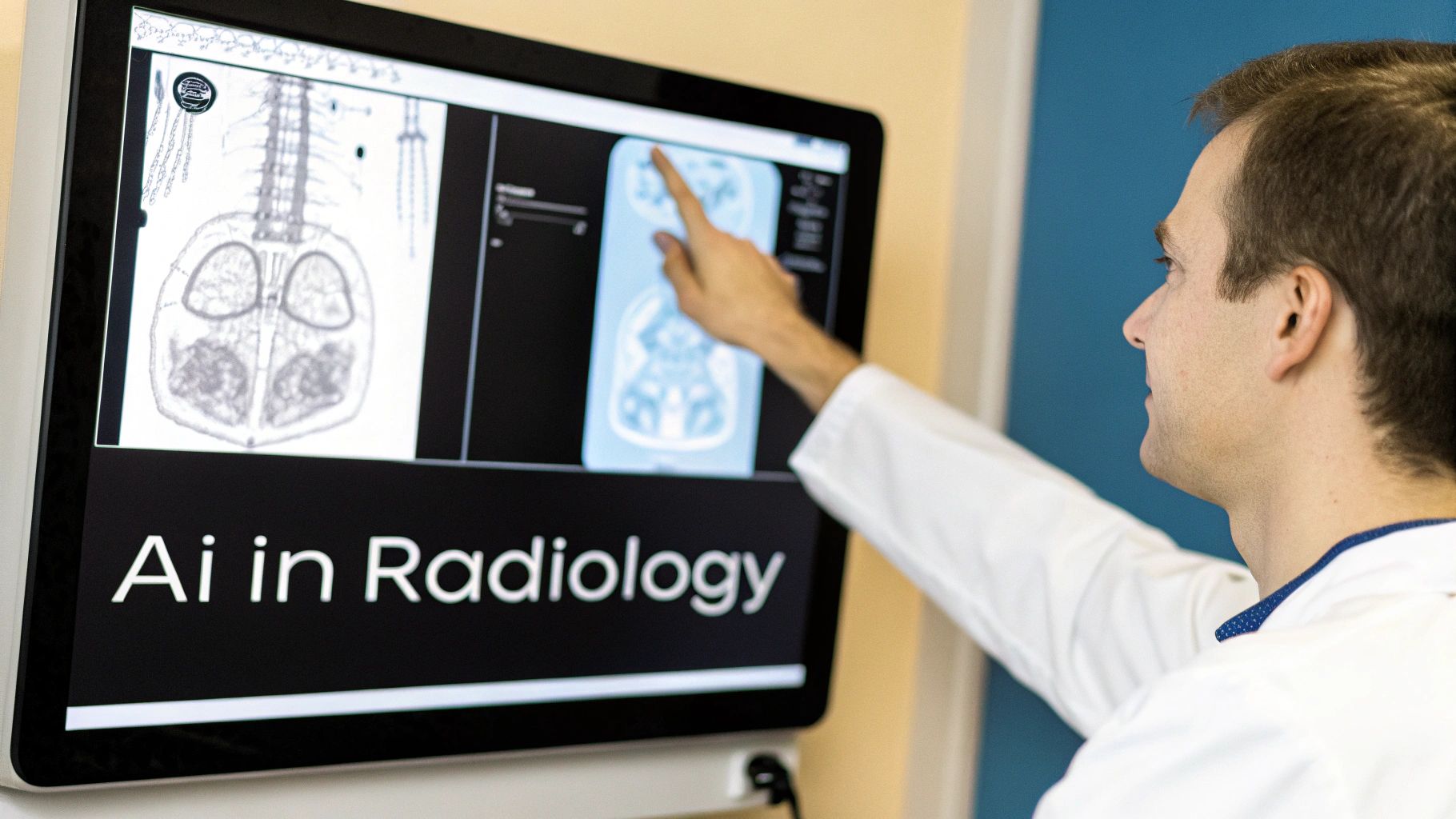 A medical professional interacting with an AI-powered interface showing an AI-powered interface showing medical scans on a large, futuristic screen.