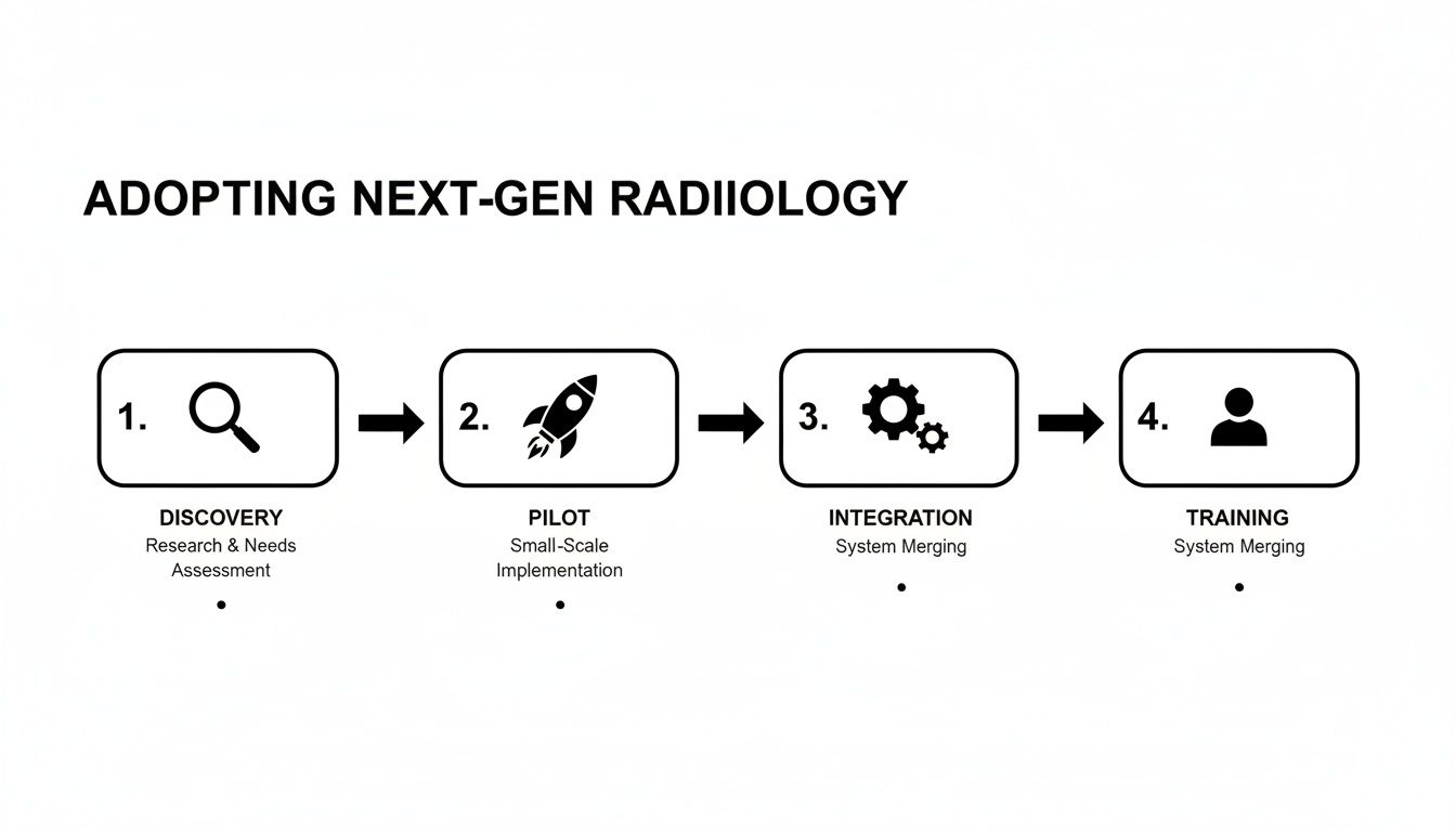 A four-step process for adopting next-gen radiology, illustrating stages: Discovery, Pilot, Integration, and Training.