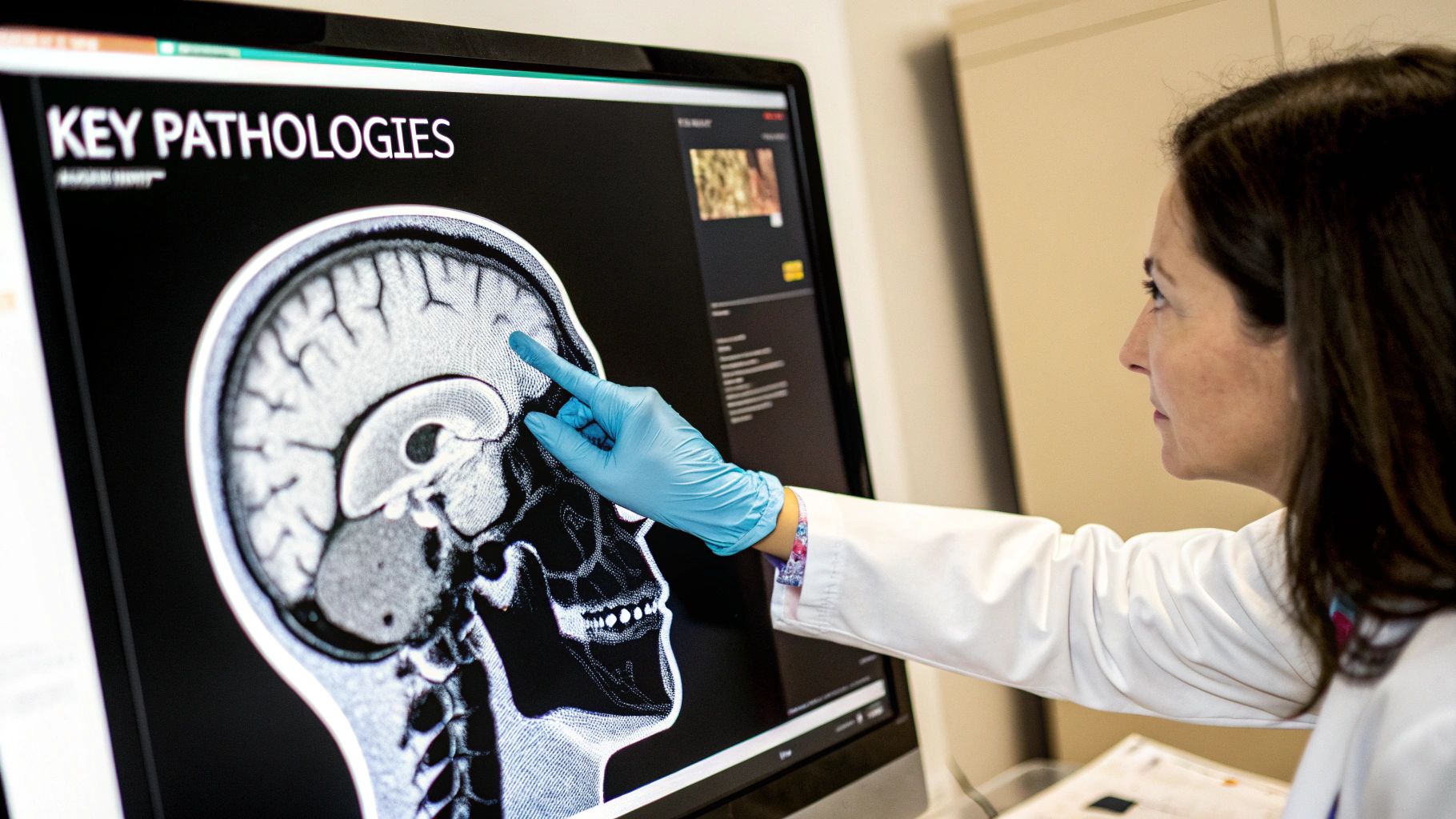 Annotated head MRI scan showing key anatomical structures and potential pathologies