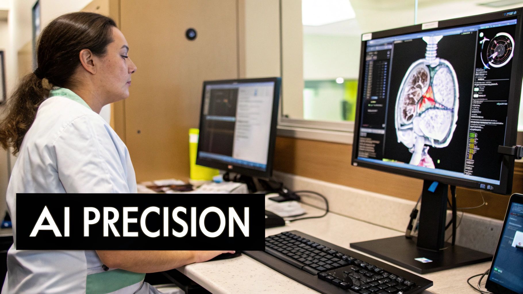 AI algorithms processing a 3D medical scan of a human brain, showing neural networks and data points overlaid on the image.