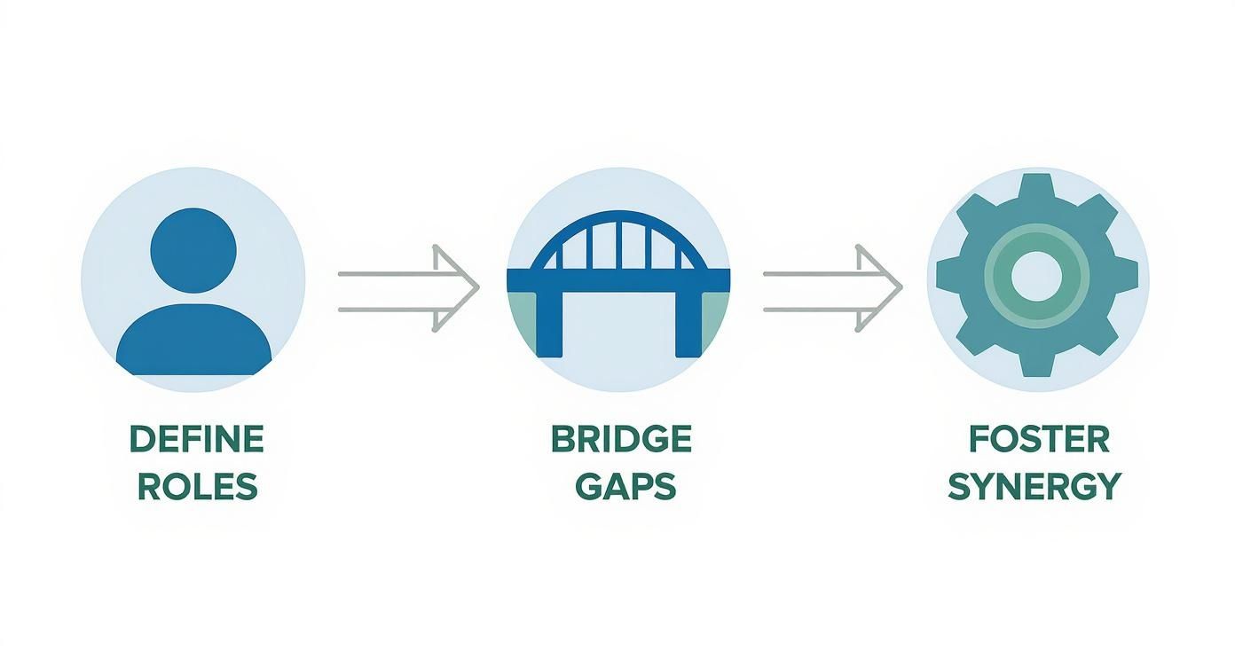 Infographic visualizing a 3-step team assembly process with icons for defining roles, bridging gaps, and fostering synergy.