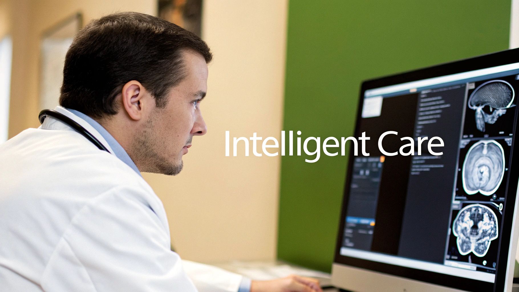 A futuristic interface showing AI analyzing medical scans and patient data.