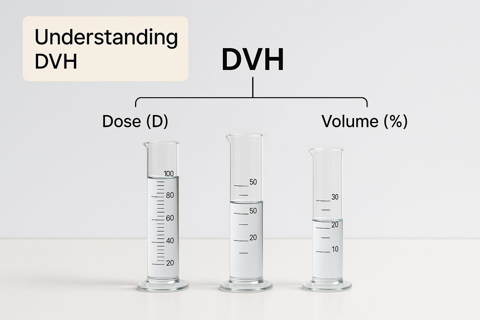 Infographic illustrating how varying levels of a substance in graduated cylinders can represent the concept of a Dose Volume Histogram.
