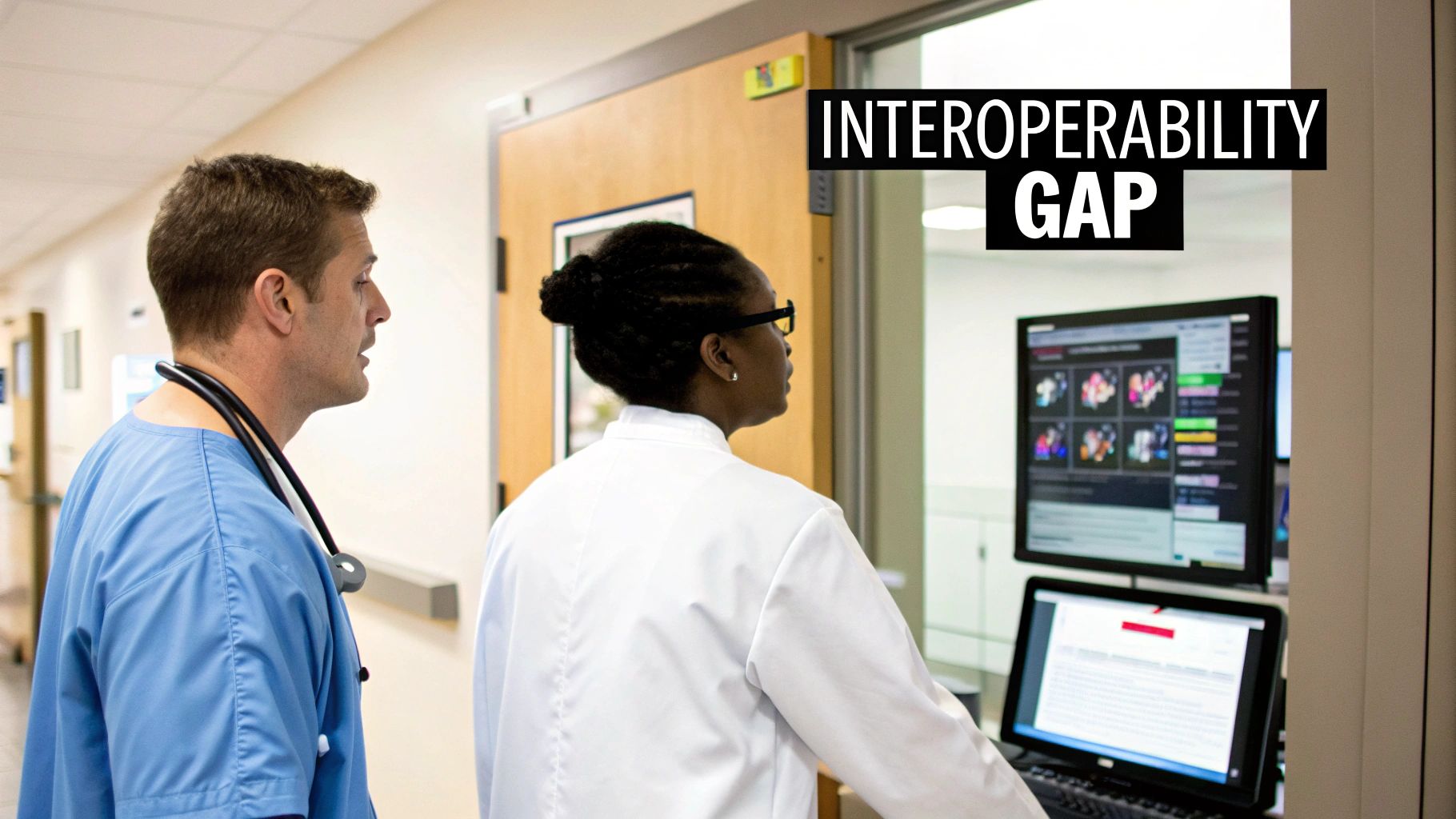 Healthcare professionals examining digital patient records, highlighting an interoperability gap in medical systems.