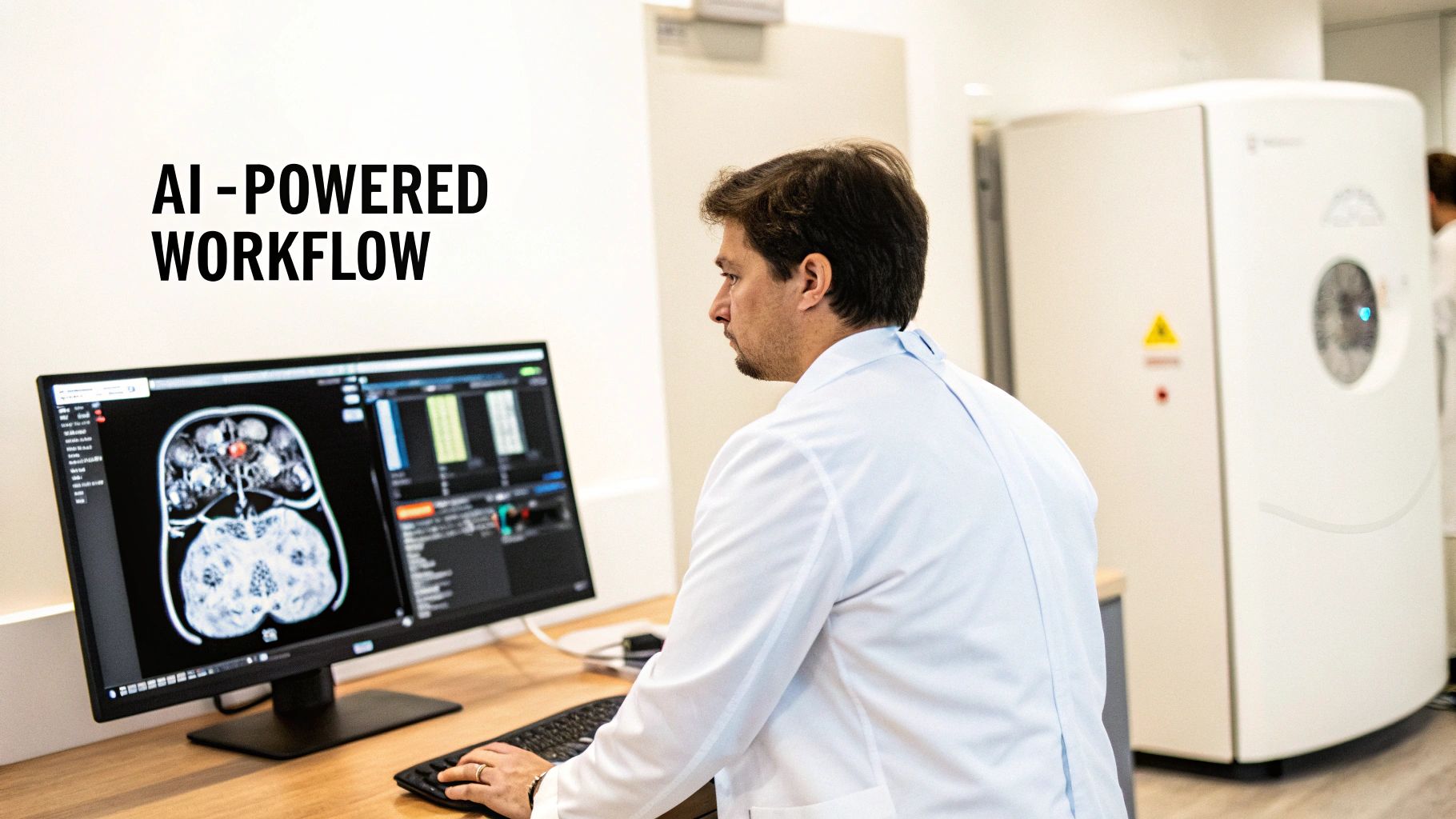Medical professional uses AI-powered workflow on a computer displaying brain scans in a radiology clinic.