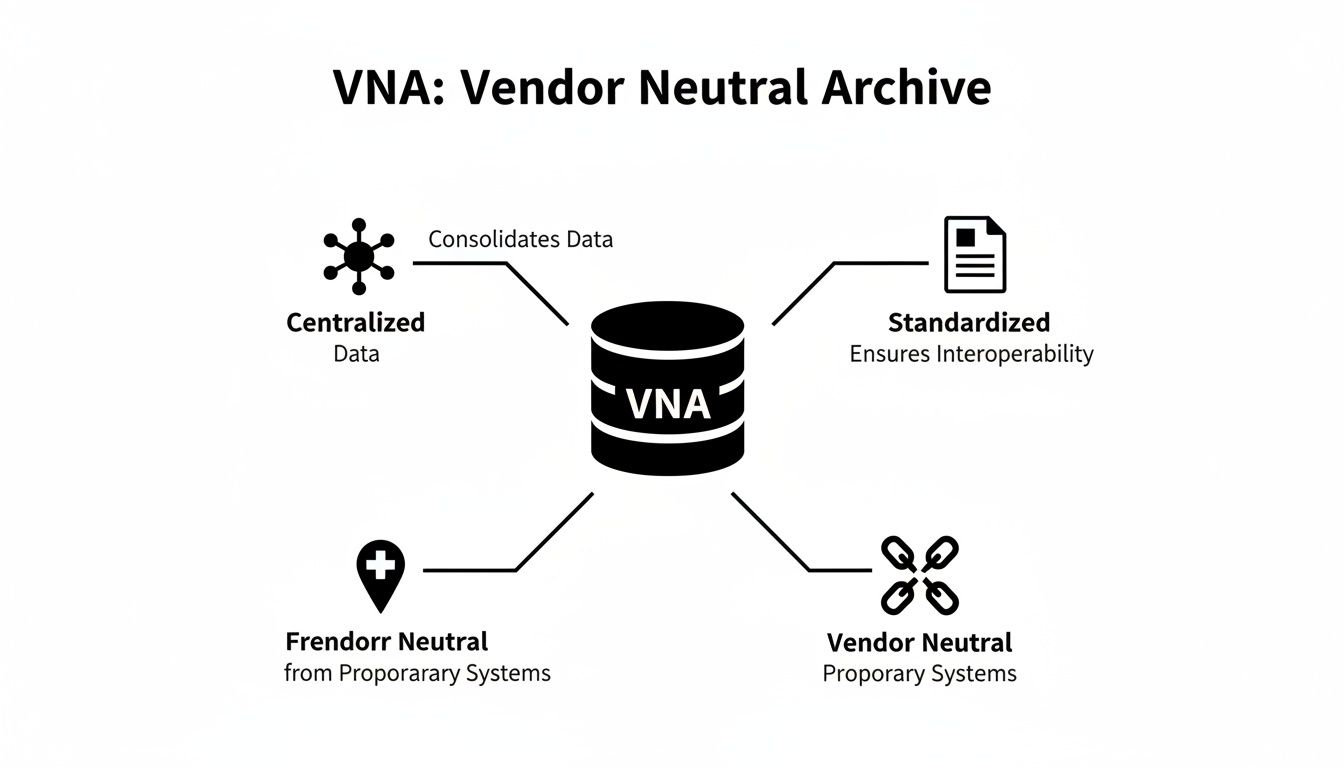 Diagram illustrating a Vendor Neutral Archive (VNA) with its characteristics: centralized, standardized, and vendor neutral from proprietary systems.