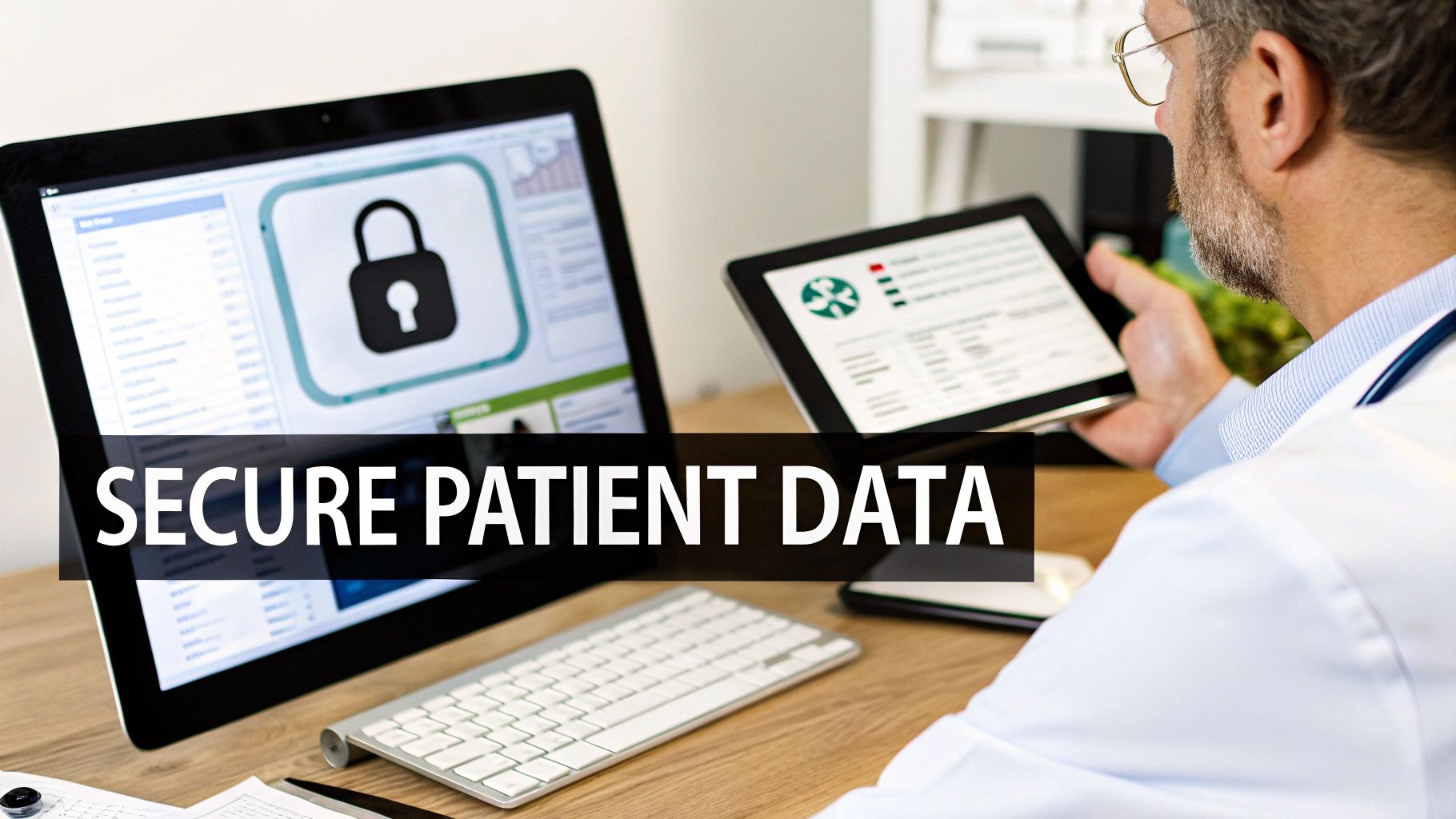 Healthcare professional reviewing secure patient data management system on computer with lock icon displayed