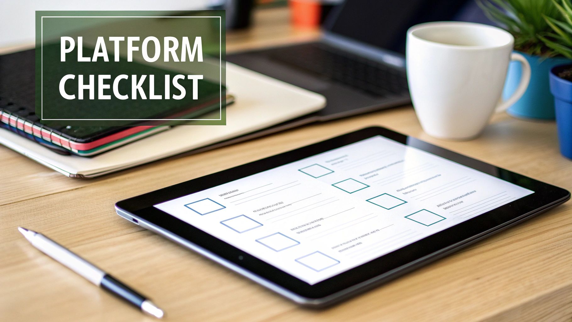 A digital tablet on a desk displays a platform checklist, with a pen and notebooks nearby.