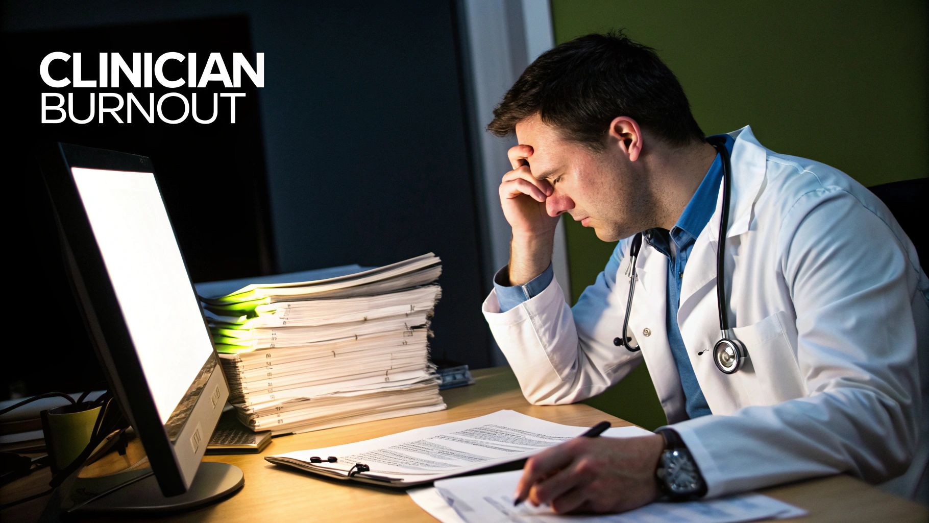 A male doctor, visibly stressed, sits at his desk late at night amidst many papers, depicting clinician burnout.
