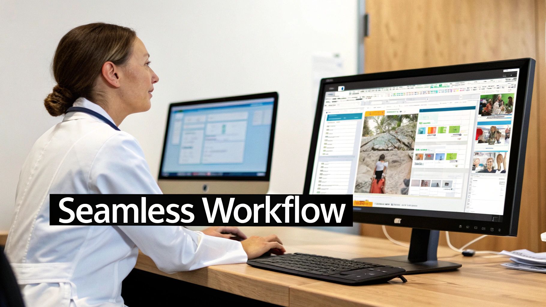 A female medical professional in a white lab coat works on a computer in an office, ensuring a seamless workflow.