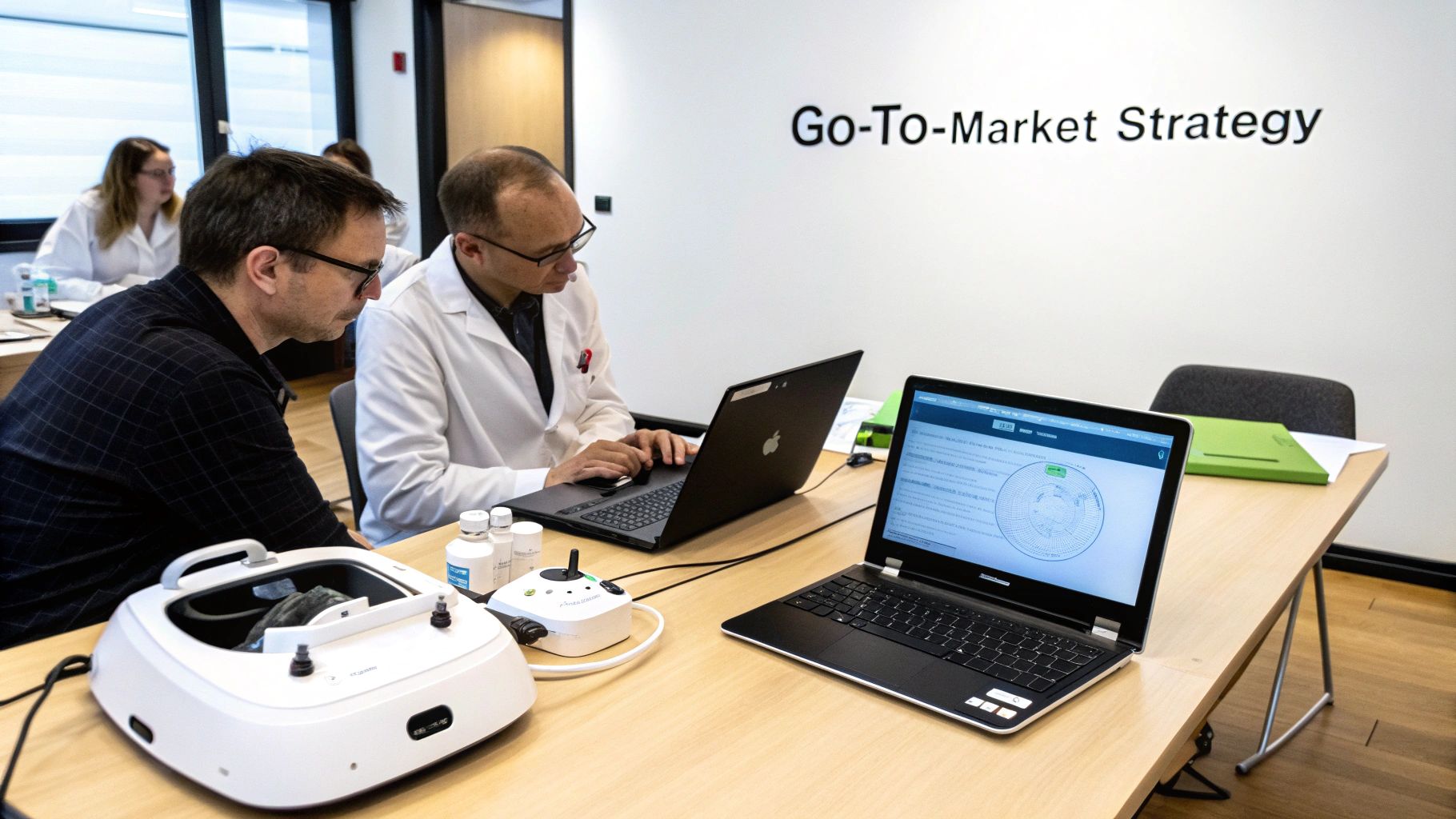 Two men in a lab setting collaborate on laptops and scientific equipment, discussing go-to-market strategy.