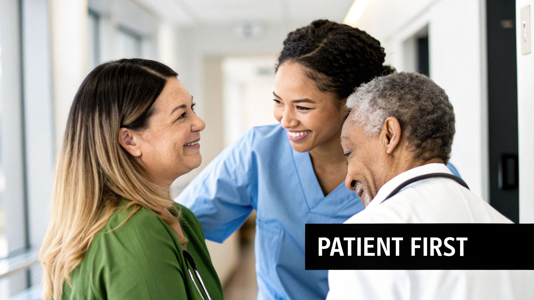 Three smiling healthcare professionals in scrubs and a lab coat talking in a bright hospital hallway.