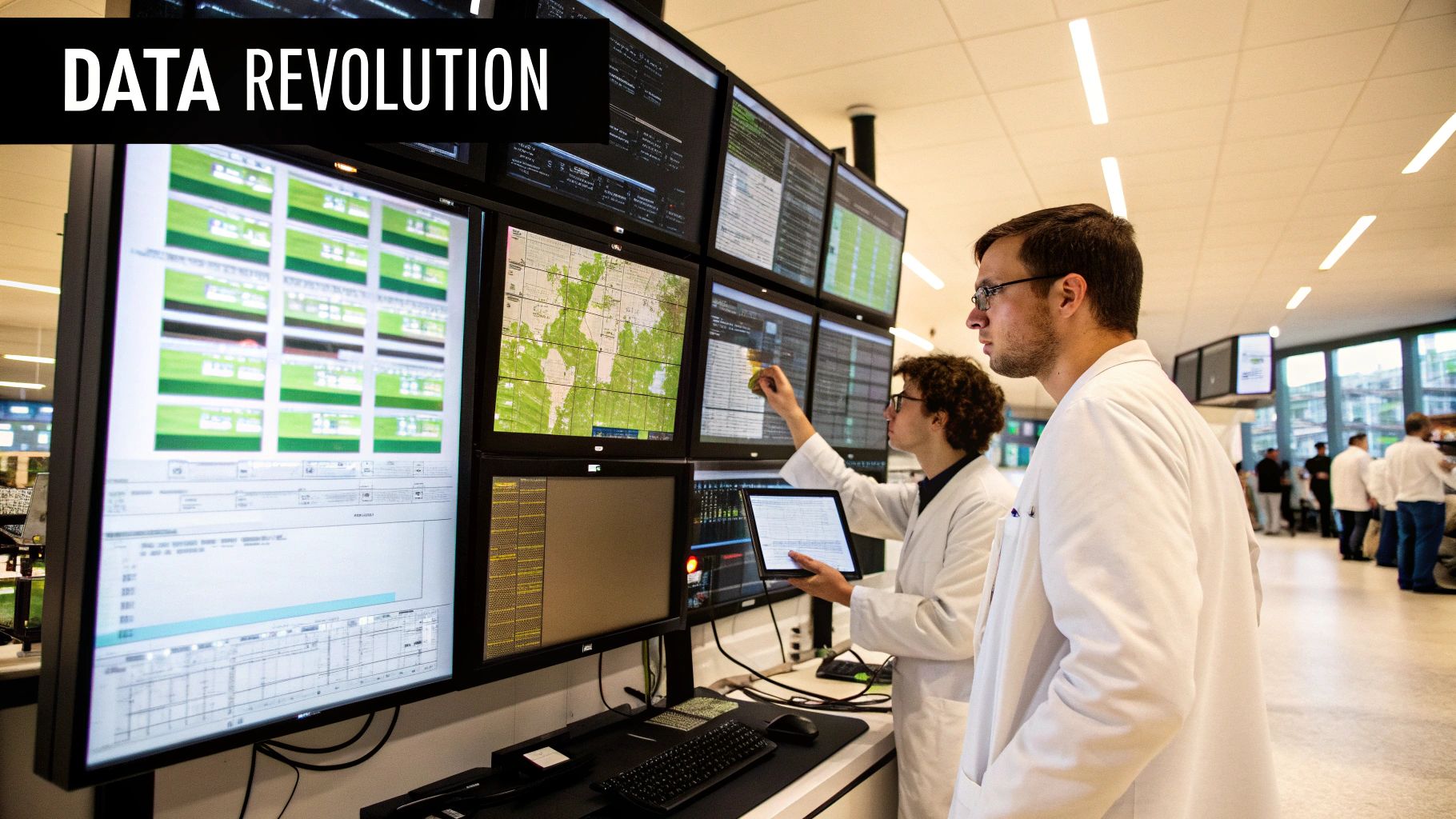 A group of researchers analyzing complex data on a digital screen, representing modern clinical trial data analysis.
